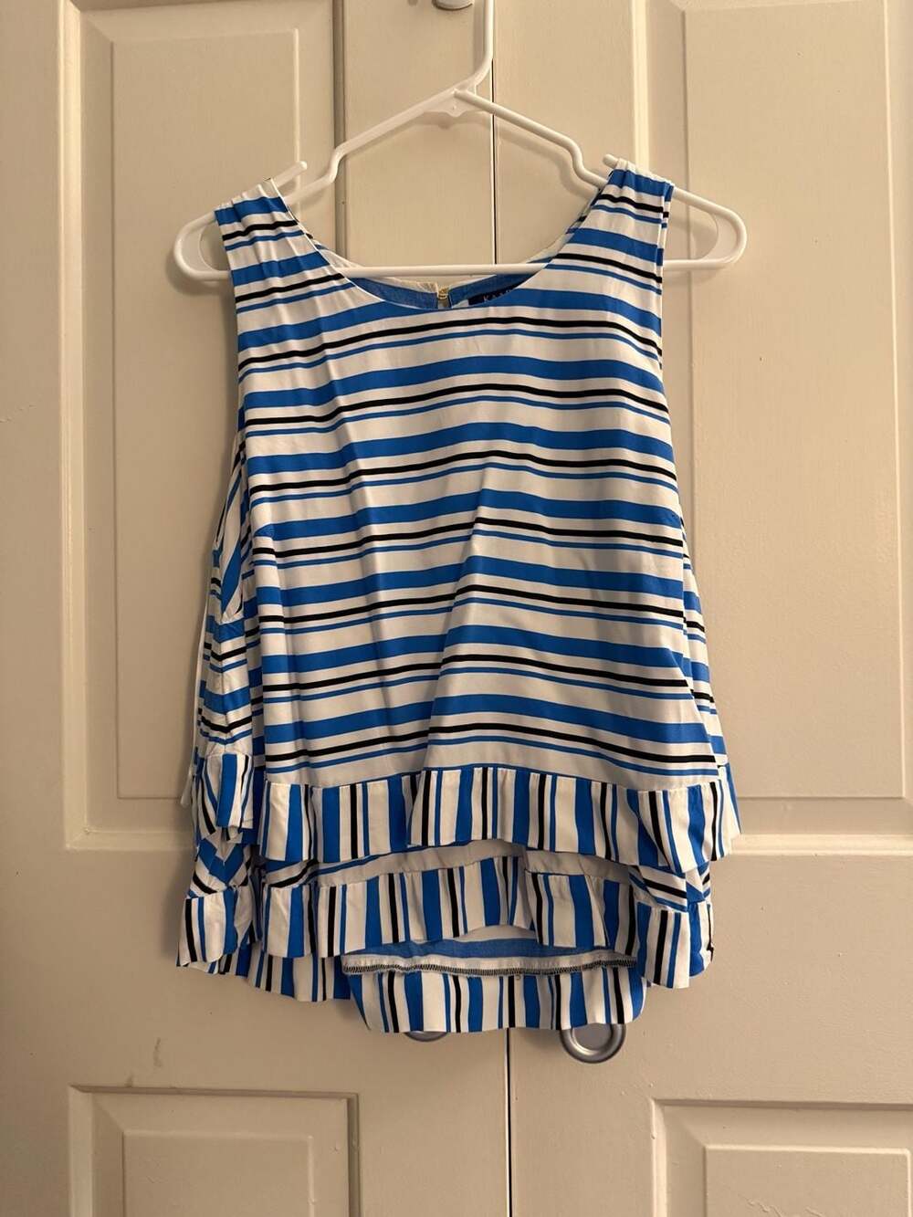 Kaari Blue Sleeveless Striped Ruffle Hem Blouse Size L